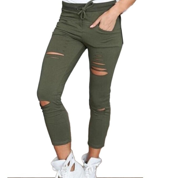 Women Fashion Cotton Hole Pencil Pants
