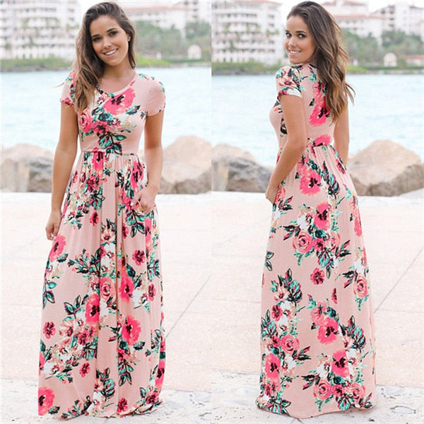 Summer Long Dress Floral Print Boho Beach Dress