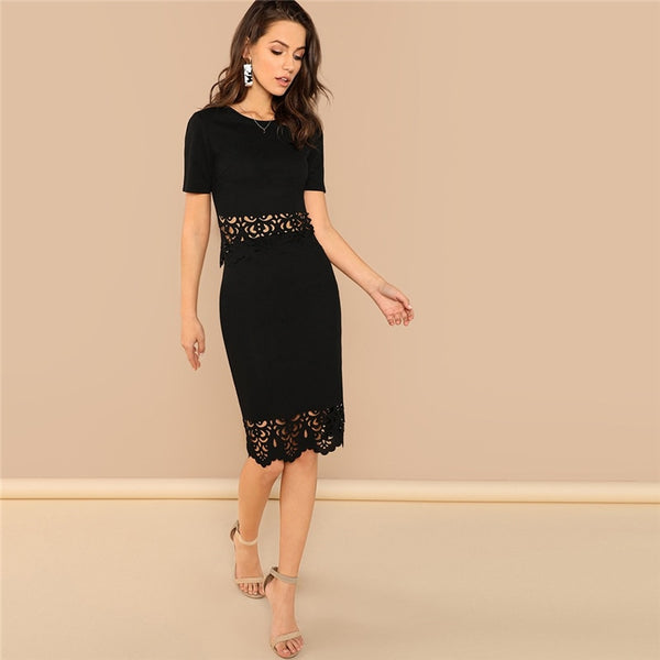 Black Elegant Office Lady Scallop Edge Laser Cut Top And Skirt Set